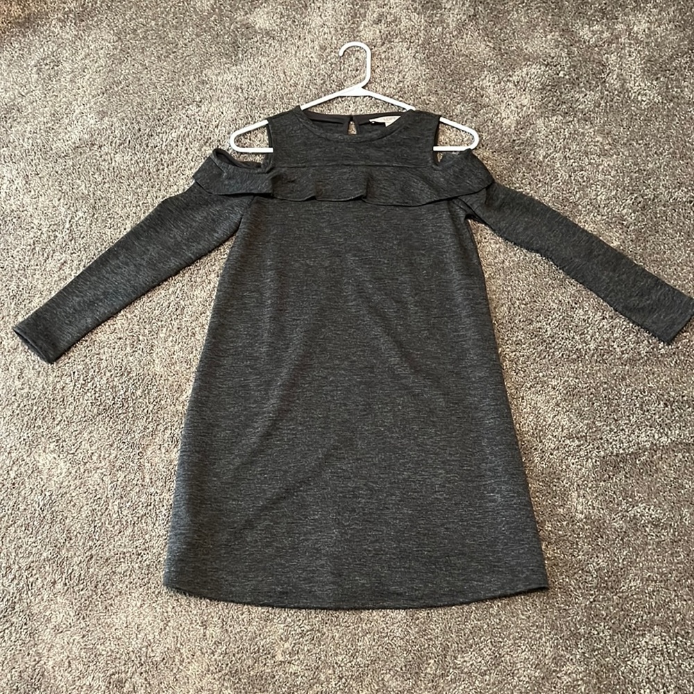 LOFT gray long sleeve Ruffle Dress XS Petite NEW